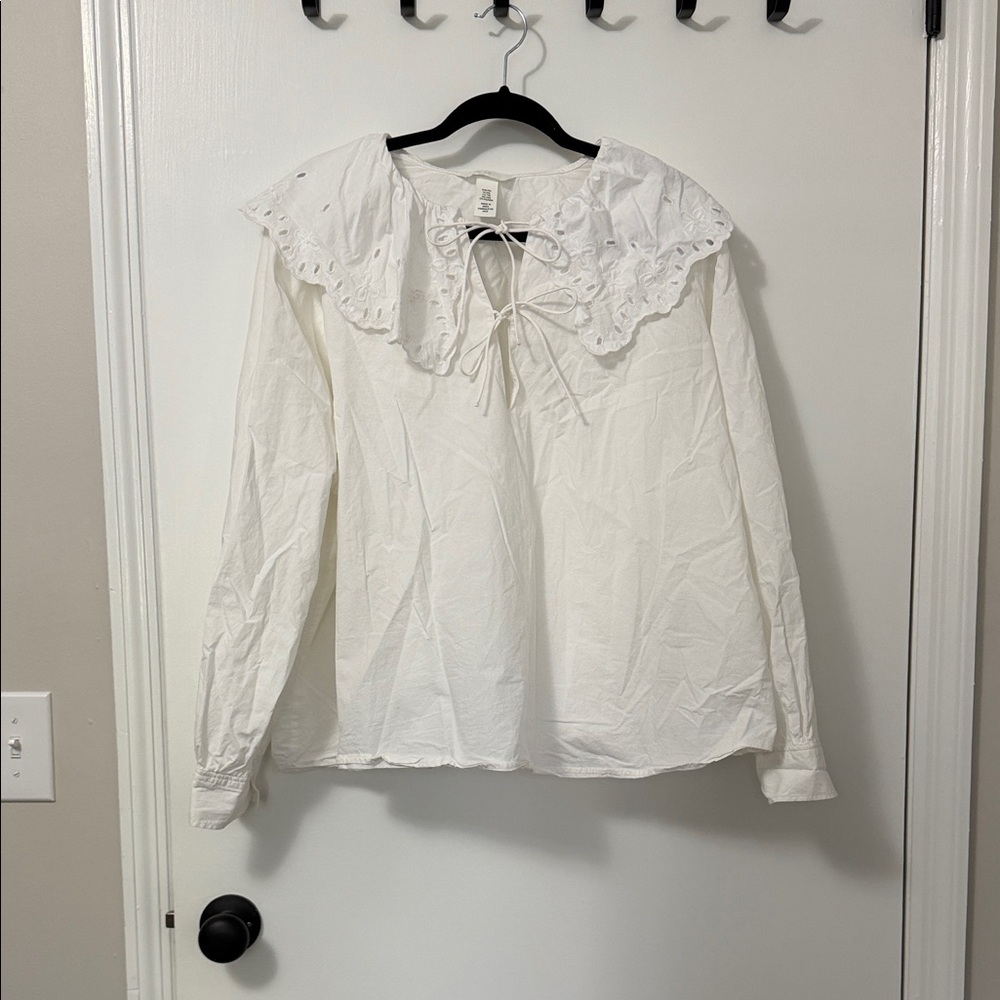 H&M White Eyelet Tie-Front Blouse with Statement Collar
